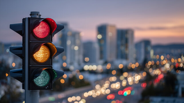 Traffic light close-up at dusk, all three signals visible with gentle glow, sky turning orange-blue, urban buildings softly blurred behind, emphasizing regulation and safety in tra