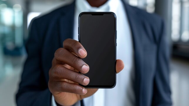 Businessman holding mobile phone on desk, symbolizing modern communication and connectivity