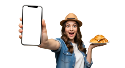 Enthusiastic Woman Presenting Blank Smartphone Screen and Holding Delicious Pastries in Studio Shot Displaying Bakery App Promotion or Mobile Food Delivery Service with Stylish Modern Technology