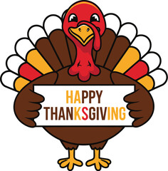 Cartoon turkey holding happy thanksgiving sign