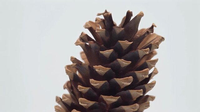 A close-up shot of a textured brown pinecone against a bright white background.