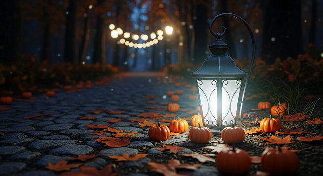 Illuminated lantern on stone path surrounded by small orange pumpkins and autumn leaves, representing harvest, celebration, and seasonal transition - Powered by Adobe
