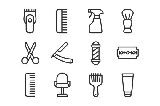 Barber tools icons: clipper, comb, spray, scissors, razor, brush, shaving set.