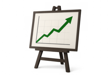Financial growth chart on an easel displaying upward trend and expanding business success with increasing profit data, transparent background