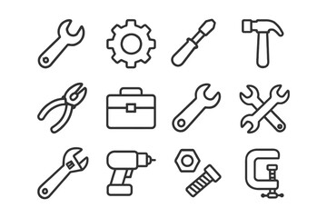 Obraz premium Set of tool icons including wrench, gear, screwdriver, and hammer.