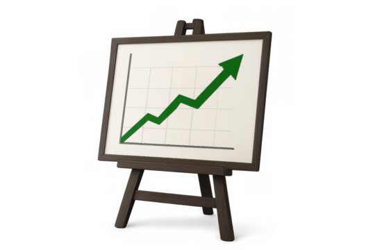 Financial growth chart on an easel displaying upward trend and expanding business success with increasing profit data, transparent background