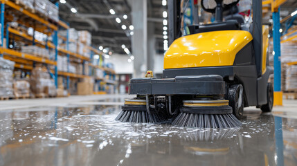 Close-up of a modern floor scrubber in motion, brushes and squeegees actively cleaning warehouse tiles, ambient reflections creating dynamic textures on the wet surface