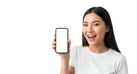Excited Asian Woman Displaying Smartphone with Blank Screen Demonstrating Mobile App Technology for Ecommerce Online Business Advertising Communication Social Media Content Marketing Digital