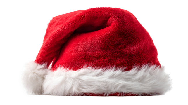 Classic red Santa hat with soft fur trim and fluffy pom-pom isolated on white background