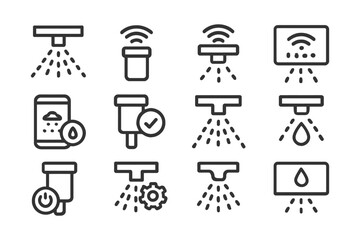 Smart home sprinkler system line icons for irrigation and water management.