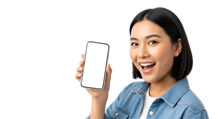 Cheerful Asian Woman Showcasing Blank Smartphone Screen A Radiant Smile on Her Face Young Lady in Denim Jacket Holding Up Mobile Device For Displaying New App or Mockup Ready To Customize