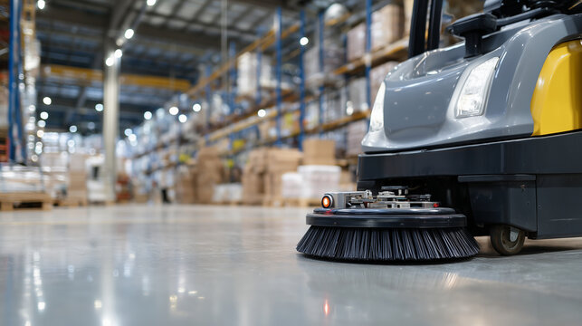 Close-up perspective of a floor cleaning machine, rotating brushes and vacuum system in action, polished floor reflecting bright warehouse lights, conveying efficiency and maintena