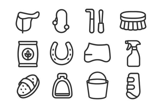 Outline icons of horse grooming equipment and tools for equine care.