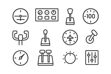 Line art icons of aviation instruments and aircraft controls in cockpits.