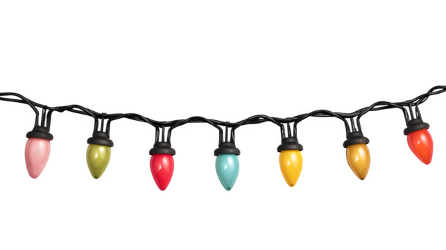 Colorful string lights for Christmas decor isolated on white background