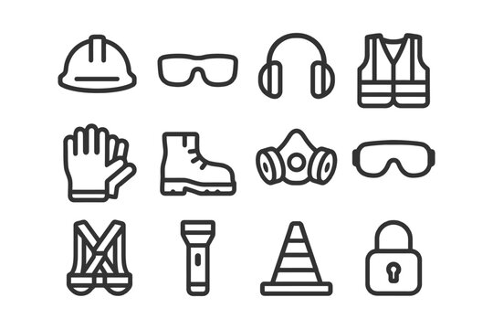 Essential safety gear icons: construction tools, protective equipment, and security symbols.
