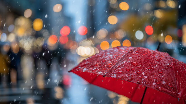 Person standing alone under a striking red umbrella on a rain-soaked street, blurred urban crowd passing by, glistening puddles reflecting city lights and raindrops on the umbrella