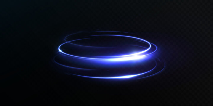 Glowing blue neon circular light ring with smooth motion trails on dark space. Abstract energy platform effect for sci fi interfaces, HUD elements, game UI and digital overlays.