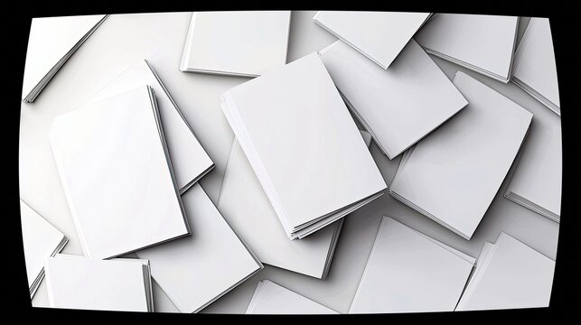 A collection of blank white books are spread out and piled on a white surface, creating a clean and minimalist composition.