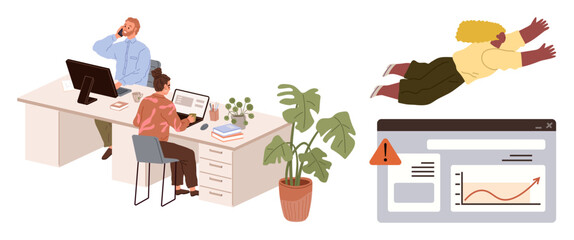 Colleagues collaborating at desk with laptops, creative flying person, growth statistics with alert icon, potted plant. Ideal for teamwork, creativity, challenges, innovation, problem-solving