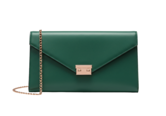 Isolated dark green envelope clutch bag with gold chain, modern fashion accessory