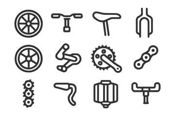 Bicycle parts icons: wheels, handlebars, saddle, gears, chain, pedals.
