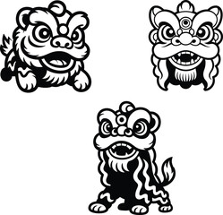 Festive Lion Mask Icons – Black & White Cultural Vector Set