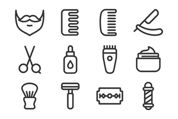 Barber shop icon set: beard, comb, razor, scissors, shaving kit essentials.