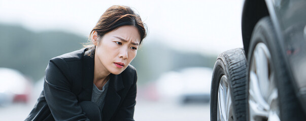 Worried woman in business attire examining a car tire. Shows concern, problemsolving, and automotive issues. Great for illustrating challenges, setbacks, and repairs.