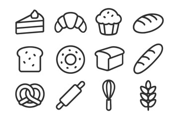 Icons of cakes, bread, and baking tools: simplified bakery symbols.