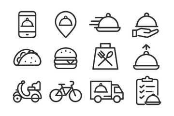 Food delivery icons: smartphone, location, fast service, tray, tacos, burger, packaging, checklist, scooter, bicycle, truck.