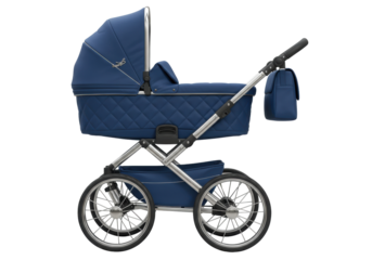 Isolated blue pram for baby on silver frame, child comfort, baby transport & travel buggy