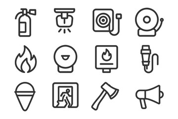 Fire safety equipment icons: extinguisher, alarm, hose, flame, sprinkler.