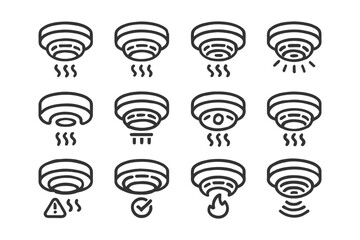 Set of smoke, fire, and carbon monoxide detector icons for home safety.