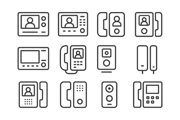 Set of door intercom icons with video screens and handsets.