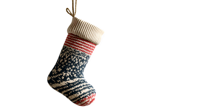 Christmas stocking with knitted pattern and hanging loop isolated on white background