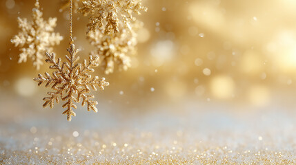 A festive golden background with shimmering snowflake ornaments gently falling to create a warm and elegant holiday atmosphere