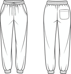 Jogger pants technical flat sketch, front and back view, elastic waistband, drawstring, patch pocket, seam details, vector apparel CAD illustration