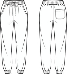 Jogger pants technical flat sketch, front and back view, elastic waistband, drawstring, patch pocket, seam lines, vector apparel CAD illustration