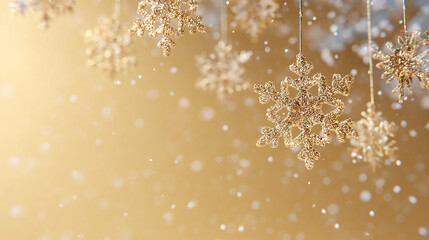A festive golden background with shimmering snowflake ornaments gently falling to create a warm and elegant holiday atmosphere
