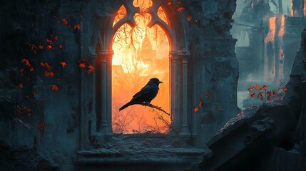 Solitary Raven in Ruined Gothic Archway with Vivid Sunset Backdrop Scenery