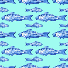 Blue sea fish seamless watercolor pattern