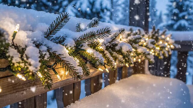 Snow-covered garland with lights on wooden railing in winter  