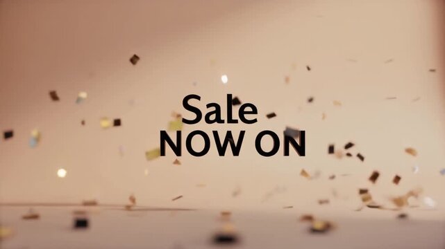 Exciting sale now on announcement with falling confetti, perfect for retail promotions and dynamic marketing campaigns during the shopping season