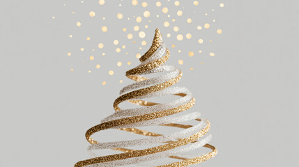 A sparkling spiral Christmas tree decoration with gold and silver glitter accents floating against a soft neutral background