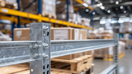 Detailed close-up of industrial metal rack components, partially aligned for assembly, bolts and panels ready, emphasizing sturdy structure for product boxes in warehouse environme