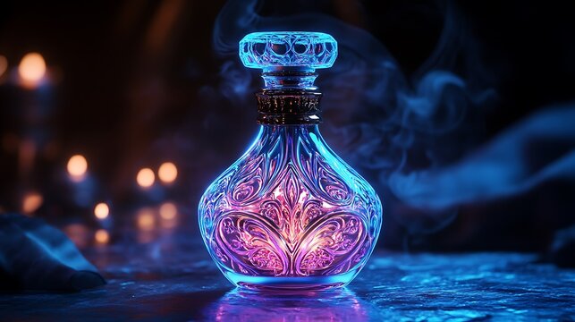 Glowing elixir bottle with intricate engravings, illuminated against a dark background