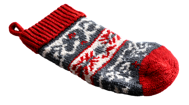 Christmas stocking with knitted pattern and hanging loop isolated on white background