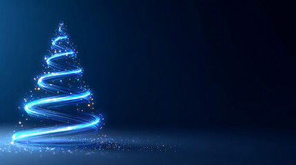 A glowing abstract blue spiral Christmas tree made of light trails and sparkling golden particles on a dark festive background