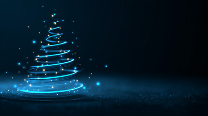 A glowing abstract blue spiral Christmas tree made of light trails and sparkling golden particles on a dark festive background